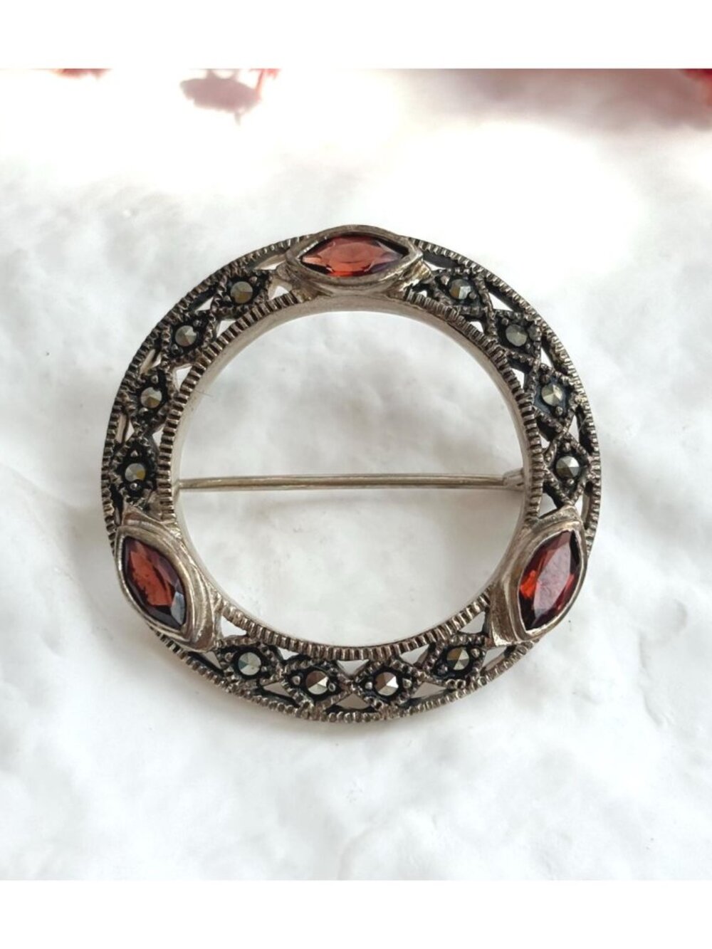 Art Deco Round Garnet & Marcasite Sterling Silver Vintage 925 Brooch | Pin